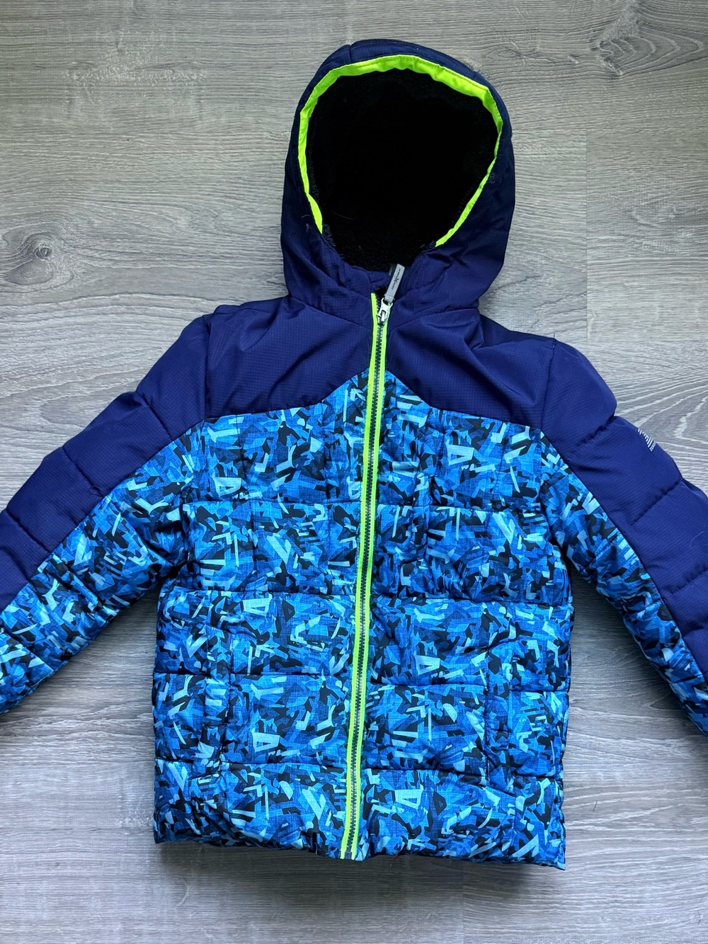 ZeroXposur Boys’ S(8) Blue Patterned Hooded Puffer Coat Warm Neon Green Lining